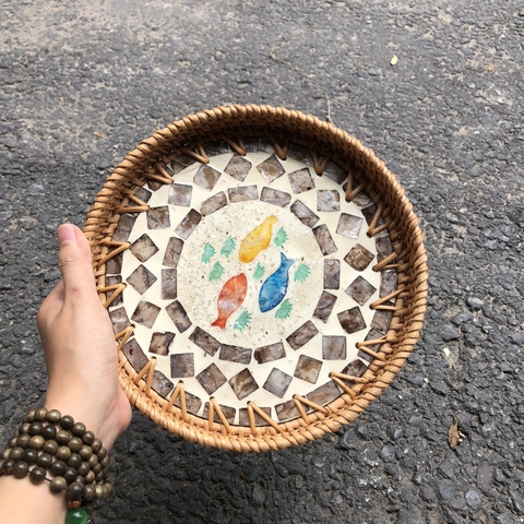 Khay Mây Khảm Trai - Mâm Mây Khảm Trai Đựng Đồ An, Trang Trí Bàn Ăn