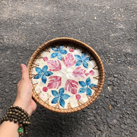 Khay Mây Khảm Trai - Mâm Mây Khảm Trai Đựng Đồ An, Trang Trí Bàn Ăn