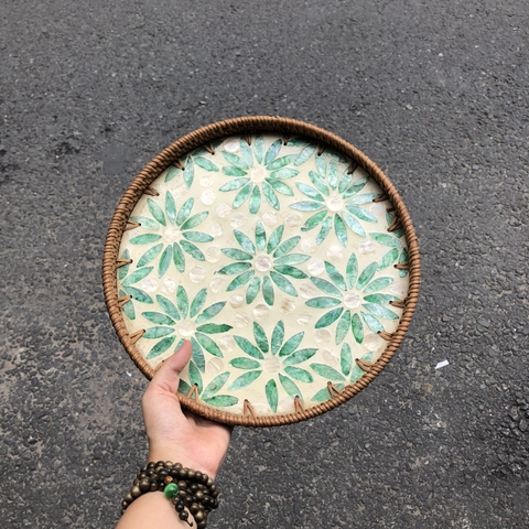 Khay Mây Khảm Trai - Mâm Mây Khảm Trai Đựng Đồ An, Trang Trí Bàn Ăn