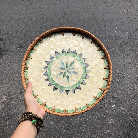 Khay Mây Khảm Trai - Mâm Mây Khảm Trai Đựng Đồ An, Trang Trí Bàn Ăn