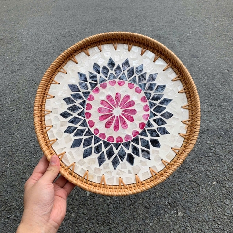 Khay Mây Khảm Trai - Mâm Mây Khảm Trai Đựng Đồ An, Trang Trí Bàn Ăn