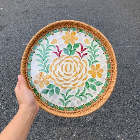 Khay Mây Khảm Trai - Mâm Mây Khảm Trai Đựng Đồ An, Trang Trí Bàn Ăn