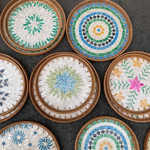 Khay Mây Khảm Trai - Mâm Mây Khảm Trai Đựng Đồ An, Trang Trí Bàn Ăn