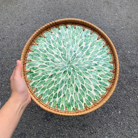 Khay Mây Khảm Trai - Mâm Mây Khảm Trai Đựng Đồ An, Trang Trí Bàn Ăn