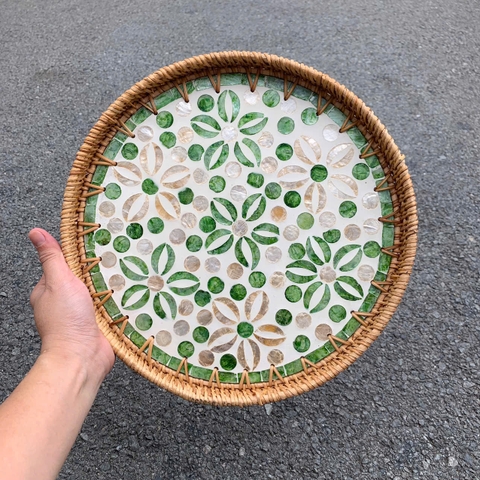 Khay Mây Khảm Trai - Mâm Mây Khảm Trai Đựng Đồ An, Trang Trí Bàn Ăn