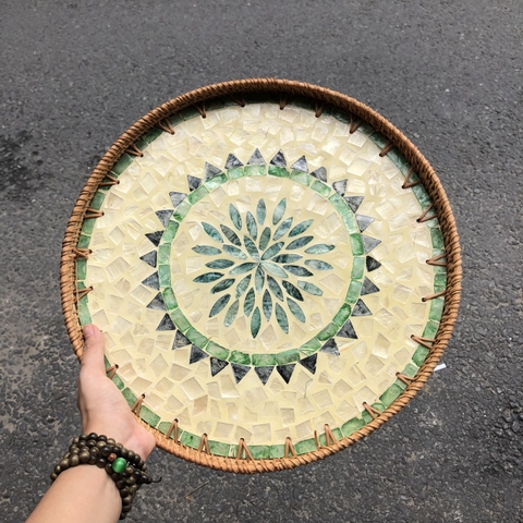 Khay Mây Khảm Trai - Mâm Mây Khảm Trai Đựng Đồ An, Trang Trí Bàn Ăn