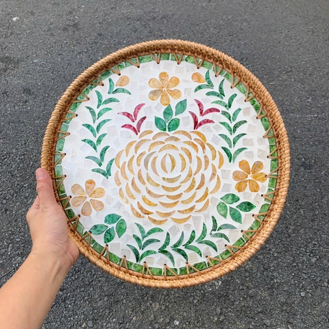 Khay Mây Khảm Trai - Mâm Mây Khảm Trai Đựng Đồ An, Trang Trí Bàn Ăn