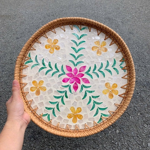 Khay Mây Khảm Trai - Mâm Mây Khảm Trai Đựng Đồ An, Trang Trí Bàn Ăn