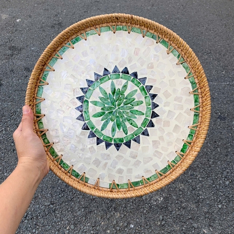 Khay Mây Khảm Trai - Mâm Mây Khảm Trai Đựng Đồ An, Trang Trí Bàn Ăn