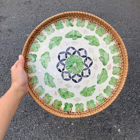 Khay Mây Khảm Trai - Mâm Mây Khảm Trai Đựng Đồ An, Trang Trí Bàn Ăn