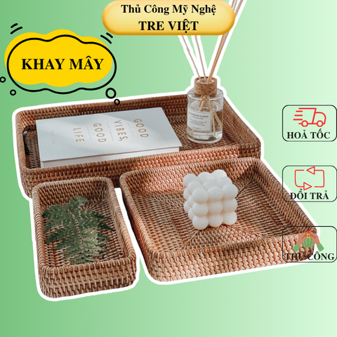 Khay Mây Chữ Nhật thấp Đựng Bình Trà, Đựng Đồ Ăn Trang Trí