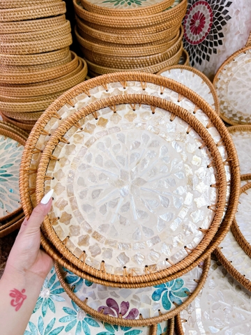 Khay Mây Khảm Trai - Mâm Mây Khảm Trai Đựng Đồ An, Trang Trí Bàn Ăn