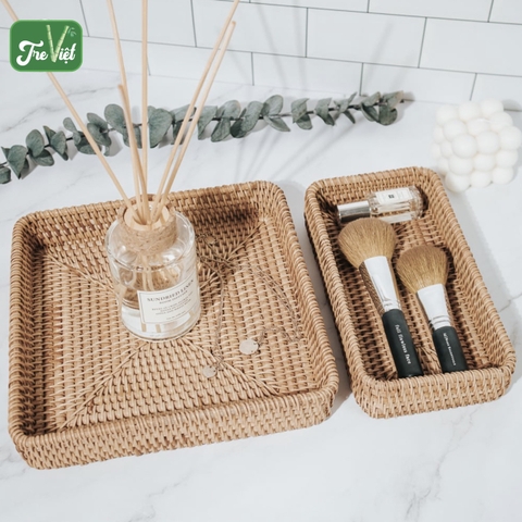 Khay Mây Chữ Nhật thấp Đựng Bình Trà, Đựng Đồ Ăn Trang Trí