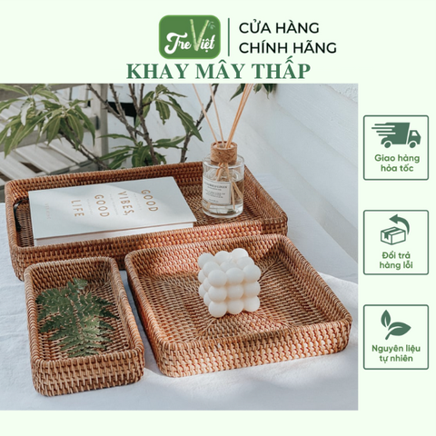 Khay Mây Chữ Nhật thấp Đựng Bình Trà, Đựng Đồ Ăn Trang Trí