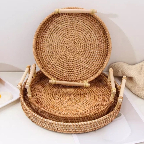 Khay Mây Tròn có Tay Cầm Đựng Đồ Ăn - Khay Mây Guột Trang Trí Decor - Rattan Tray