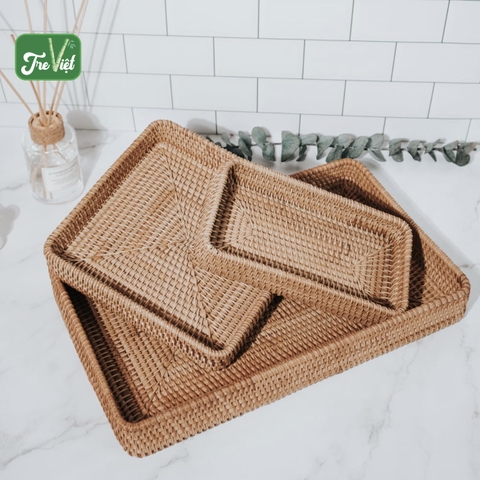 Khay Mây Chữ Nhật thấp Đựng Bình Trà, Đựng Đồ Ăn Trang Trí