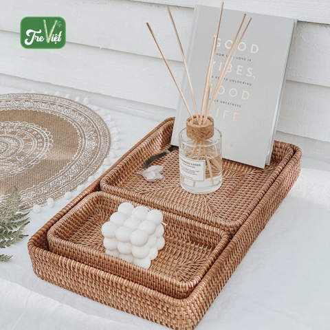 Khay Mây Chữ Nhật thấp Đựng Bình Trà, Đựng Đồ Ăn Trang Trí