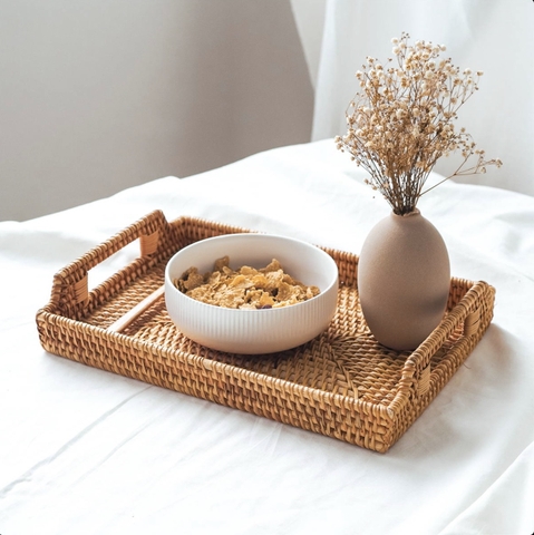 Khay Mây Chữ Nhật Tay Cầm Đựng Bình Trà, Đựng Đồ Ăn Trang Trí - Rattan Tray