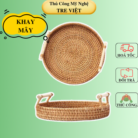 Khay Mây Tròn có Tay Cầm Đựng Đồ Ăn - Khay Mây Guột Trang Trí Decor - Rattan Tray
