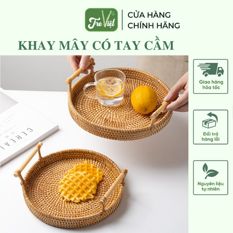 Khay Mây Tròn có Tay Cầm Đựng Đồ Ăn - Khay Mây Guột Trang Trí Decor - Rattan Tray