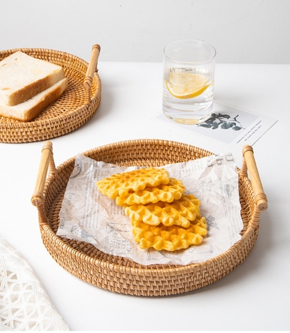 Khay Mây Tròn có Tay Cầm Đựng Đồ Ăn - Khay Mây Guột Trang Trí Decor - Rattan Tray