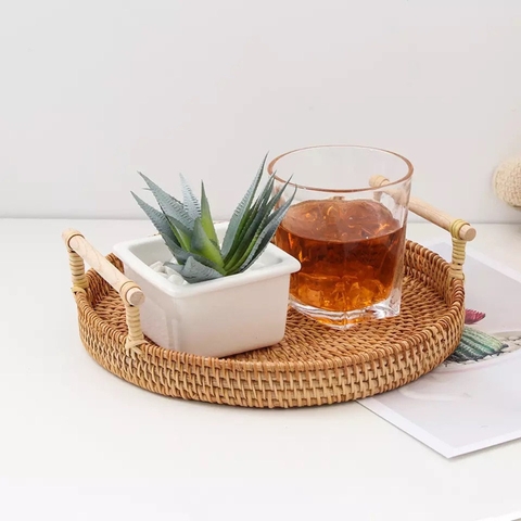 Khay Mây Tròn có Tay Cầm Đựng Đồ Ăn - Khay Mây Guột Trang Trí Decor - Rattan Tray