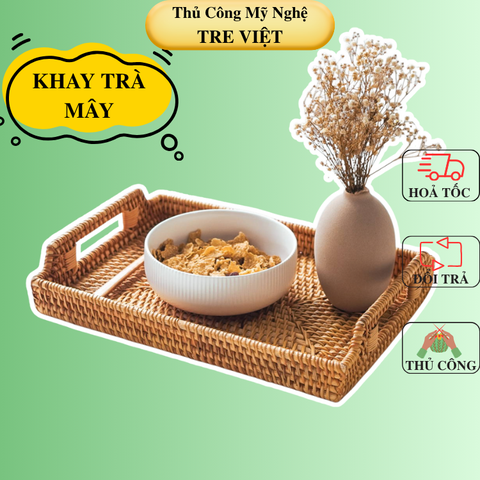 Khay Mây Chữ Nhật Tay Cầm Đựng Bình Trà, Đựng Đồ Ăn Trang Trí - Rattan Tray