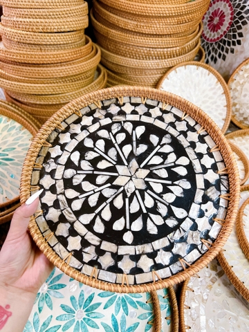 Khay Mây Khảm Trai - Mâm Mây Khảm Trai Đựng Đồ An, Trang Trí Bàn Ăn