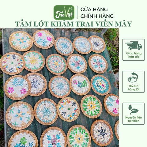 Tấm lót khảm trai viền mây 25cm lót bình hoa/ lót nồi/ treo tường trang trí decor - Rattan Placemat
