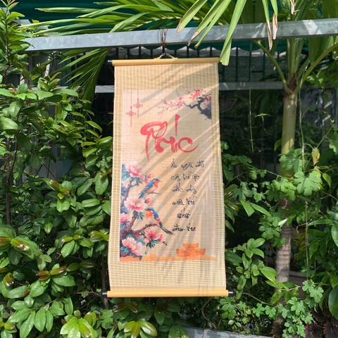 Mành tre dán câu đối SẴN - Mành tăm tre trang trí Tết decor (có ống treo)