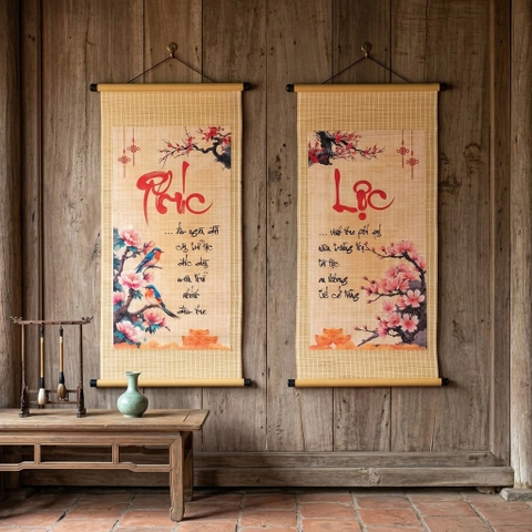 Mành tre dán câu đối SẴN - Mành tăm tre trang trí Tết decor (có ống treo)