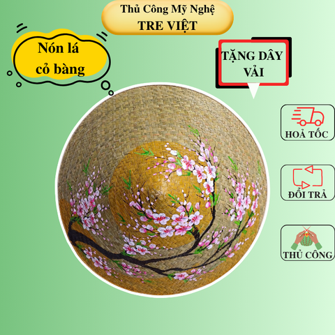 Nón Cỏ Bàng vẽ hoa đẹp - Nón Lá Cỏ Bàng Chắc Chắn (có sẵn dây nón)