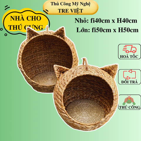 Ổ mèo tròn có tai mèo bằng lục bình có kèm đệm