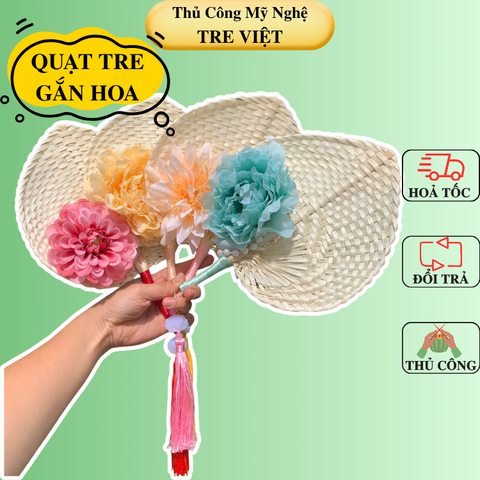Quạt Tre Gắn Hoa và Tua Rua - Quạt cầm tay chụp ảnh xinh xắn