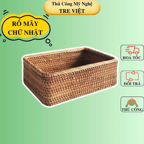 Giỏ mây chữ nhật đựng đồ - Rổ mây đựng mỹ phẩm để bàn, decor chụp ảnh sản phẩm