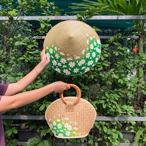 Set Nón Cỏ Bàng và Túi Xách Cầm Tay Vẽ Hoa Handmade