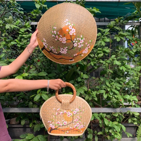 Set Nón Cỏ Bàng và Túi Xách Cầm Tay Vẽ Hoa Handmade