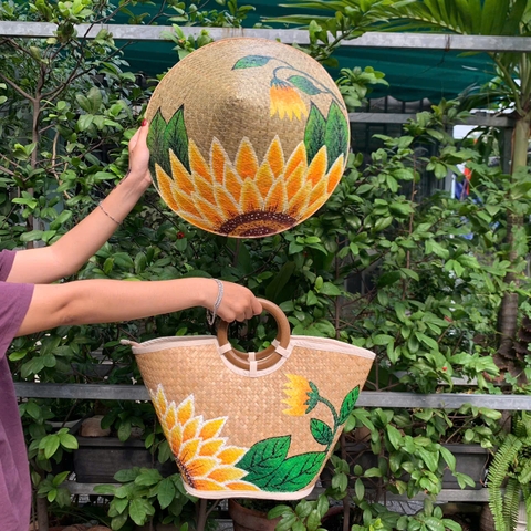 Set Nón Cỏ Bàng và Túi Xách Cầm Tay Vẽ Hoa Handmade