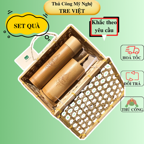 Bộ quà tặng doanh nghiệp khắc logo - Bình Giữ Nhiệt + Ly Tre 18cm