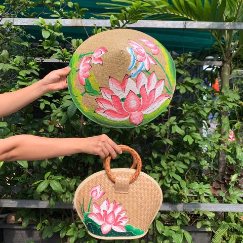 Set Nón Cỏ Bàng và Túi Xách Cầm Tay Vẽ Hoa Handmade