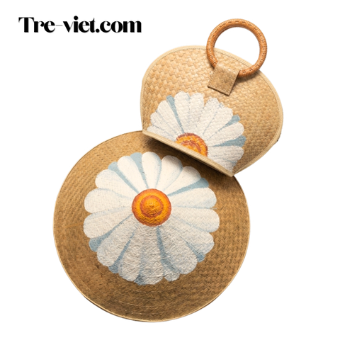 Set Nón Cỏ Bàng và Túi Xách Cầm Tay Vẽ Hoa Handmade