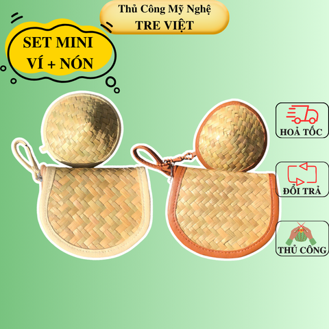 Combo ví tiền và nón cỏ bàng mini treo túi xách