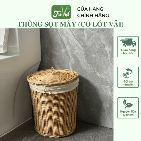 Thùng Sọt Mây - Thùng Rác Mây để toilet có lót nắp và lót vải