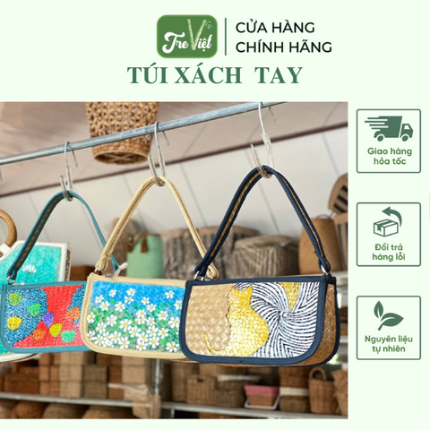 Túi xách tay cỏ bàng có viền vẽ hoạ tiết đẹp mắt