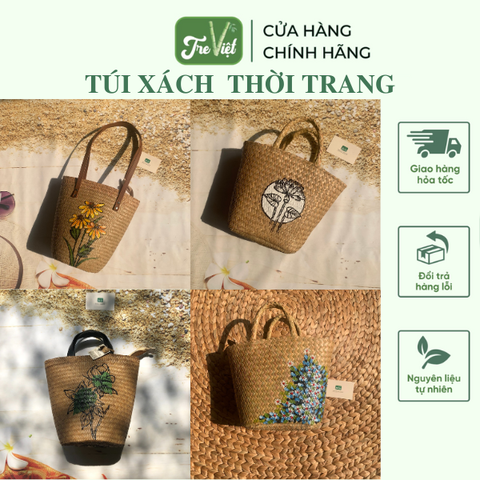 Túi xách cỏ bàng đeo tay nhiều loại có lót vải và khoá kéo
