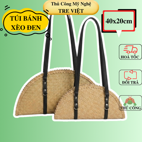 Túi Bánh Xèo Cỏ Bàng - Túi Cói Hình bán nguyệt đeo vai quai da