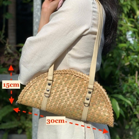 Túi Bánh Xèo Cỏ Bàng - Túi Cói Hình bán nguyệt đeo vai quai da