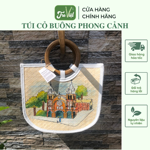 Túi xách quai gỗ lá buông vẽ phong cảnh