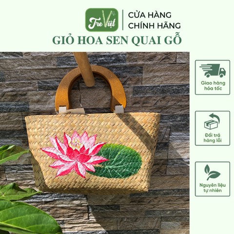 Túi Xách Cỏ Bàng Quai Gỗ Vẽ Sen Đeo Tay