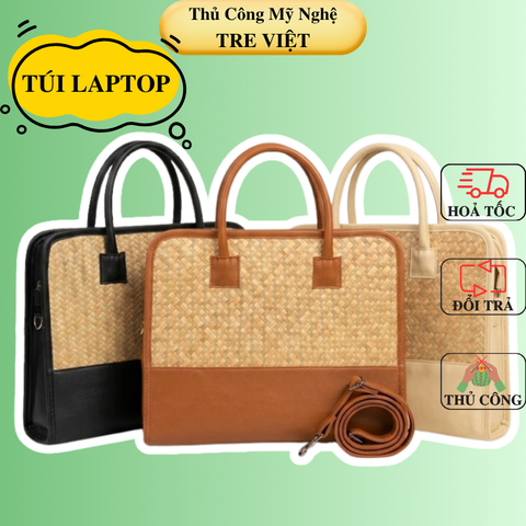 Túi Đựng Laptop Cỏ Bàng Quai Da, Viền Da
